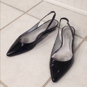 Black patent sling back flats